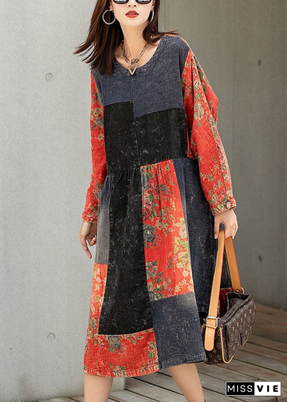 Classy Colorblock Print Patchwork Pockets Fall Maxi Dresses Half Sleeve