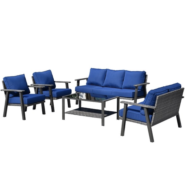 OVIOS 5piece Outdoor Steel Frame Ottoman Wicker Solid Pattern Cushion Sectional Set Glass Top Table