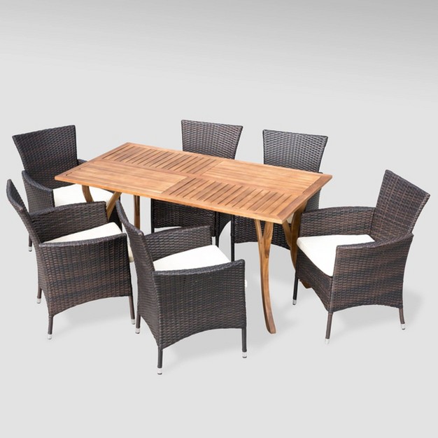 Bennett 7pc Acacia Wood And Wicker Dining Set Christopher Knight Home