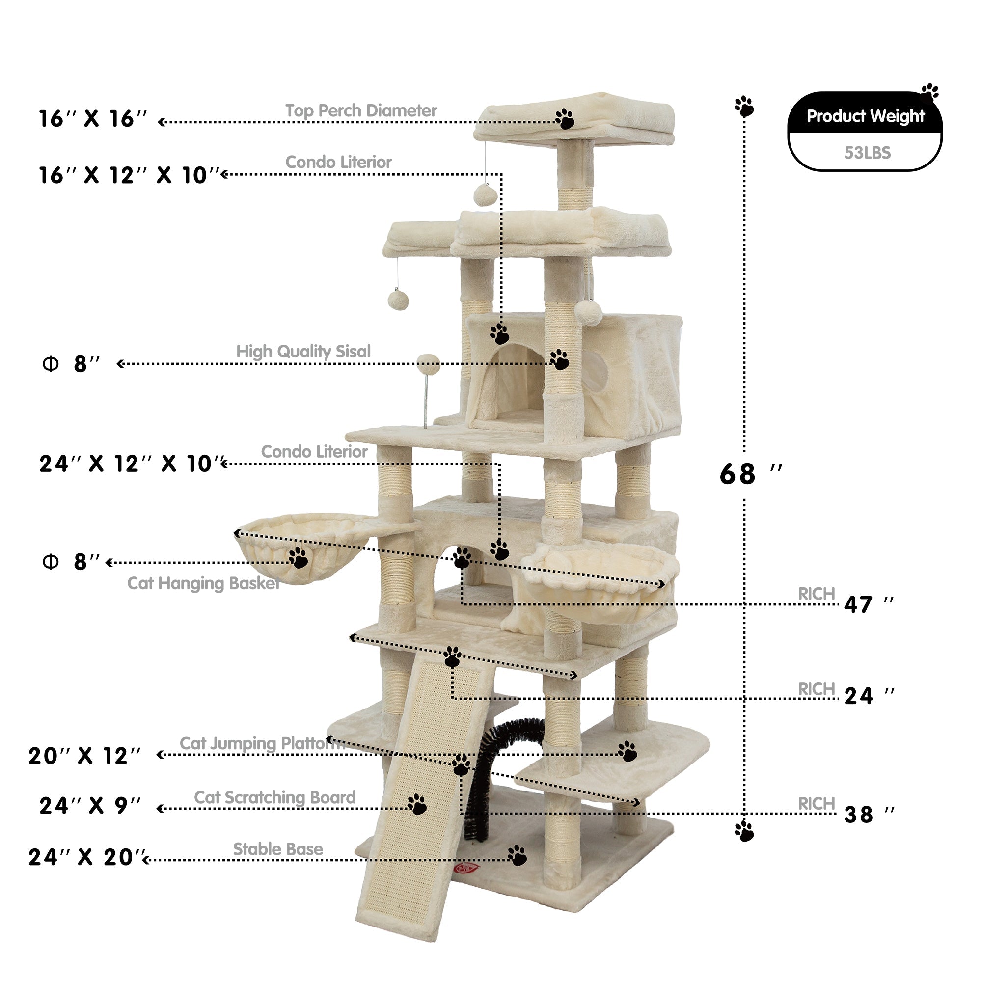 68 Inches Multi-Level Cat Tree Large,Big Cat Tower with Sisal Scratching Posts,Grooming Arch,Cozy Plush Cat Perches and Hammocks,Cat Activity Center Cat Condo Play House (Beige)