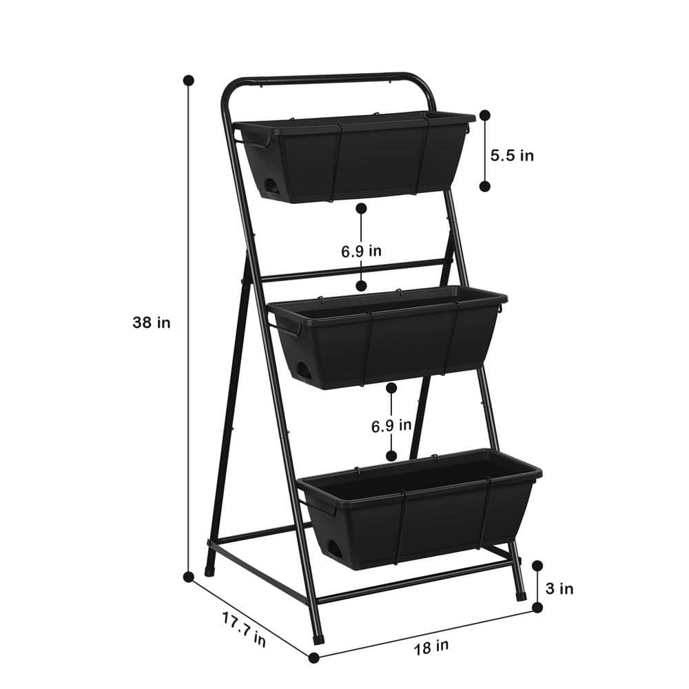 Oumilen 3-Tier Vertical Planter Elevated Herb Planter with Drainage Holes Removable Tray for Patio Balcony Porch Plastic Black HD-481-WELA