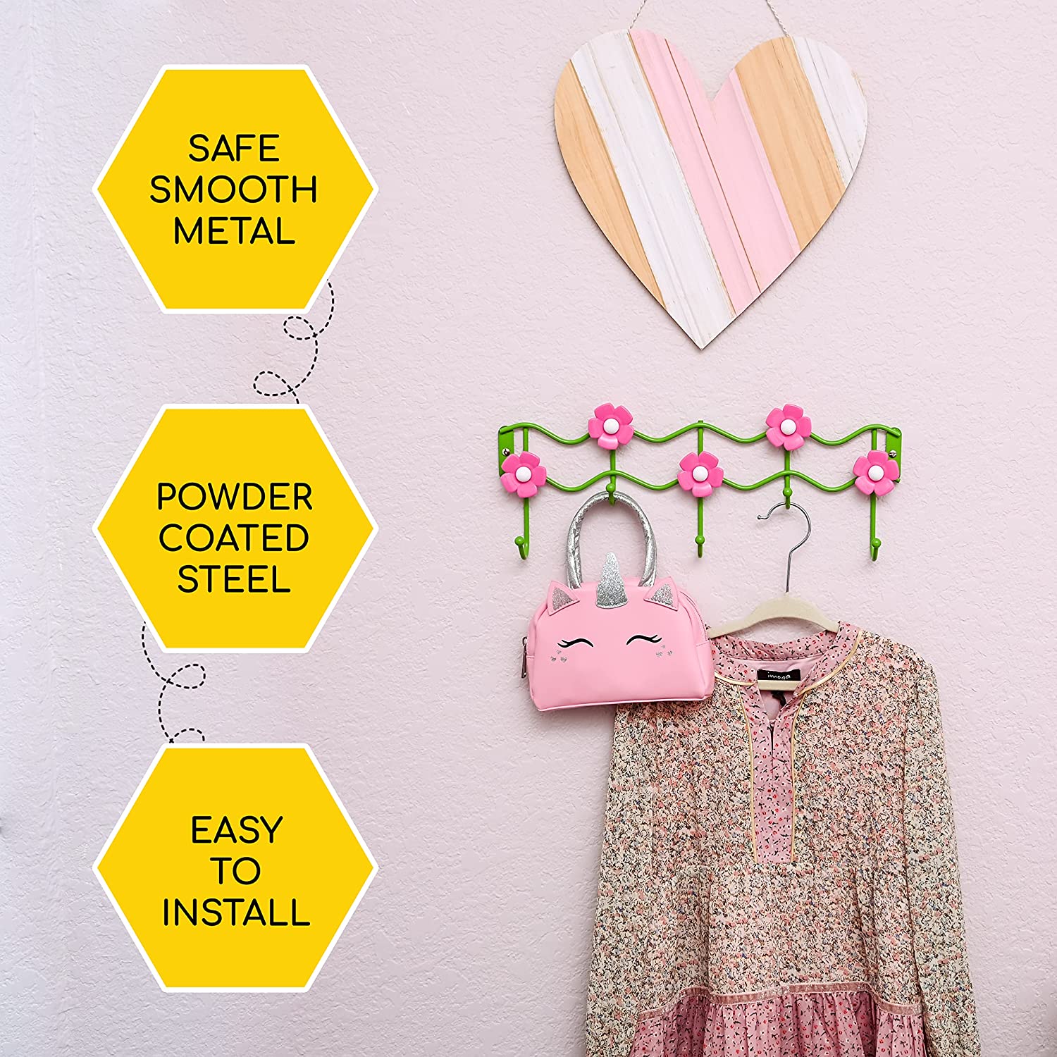 Wall Hooks Kids Room Clothes Storage Hanger Pink Flower Design Hook Rack Wall Mounted Girls Bedroom Decor