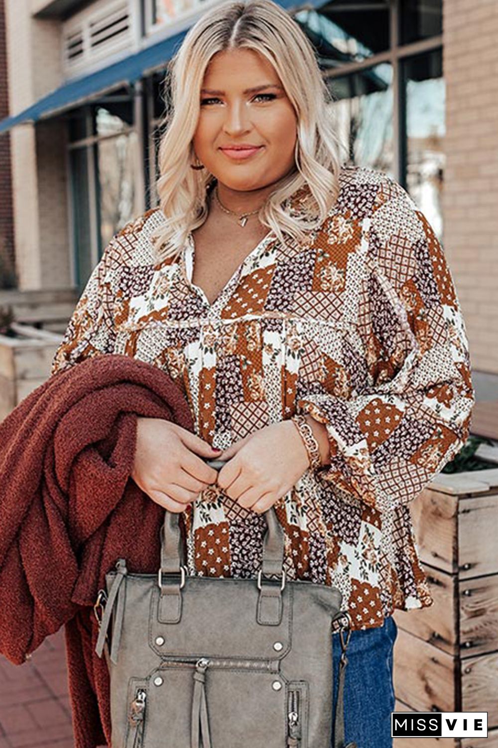 Apricot Turn-down Neck Mixed Print Plus Size Shirt