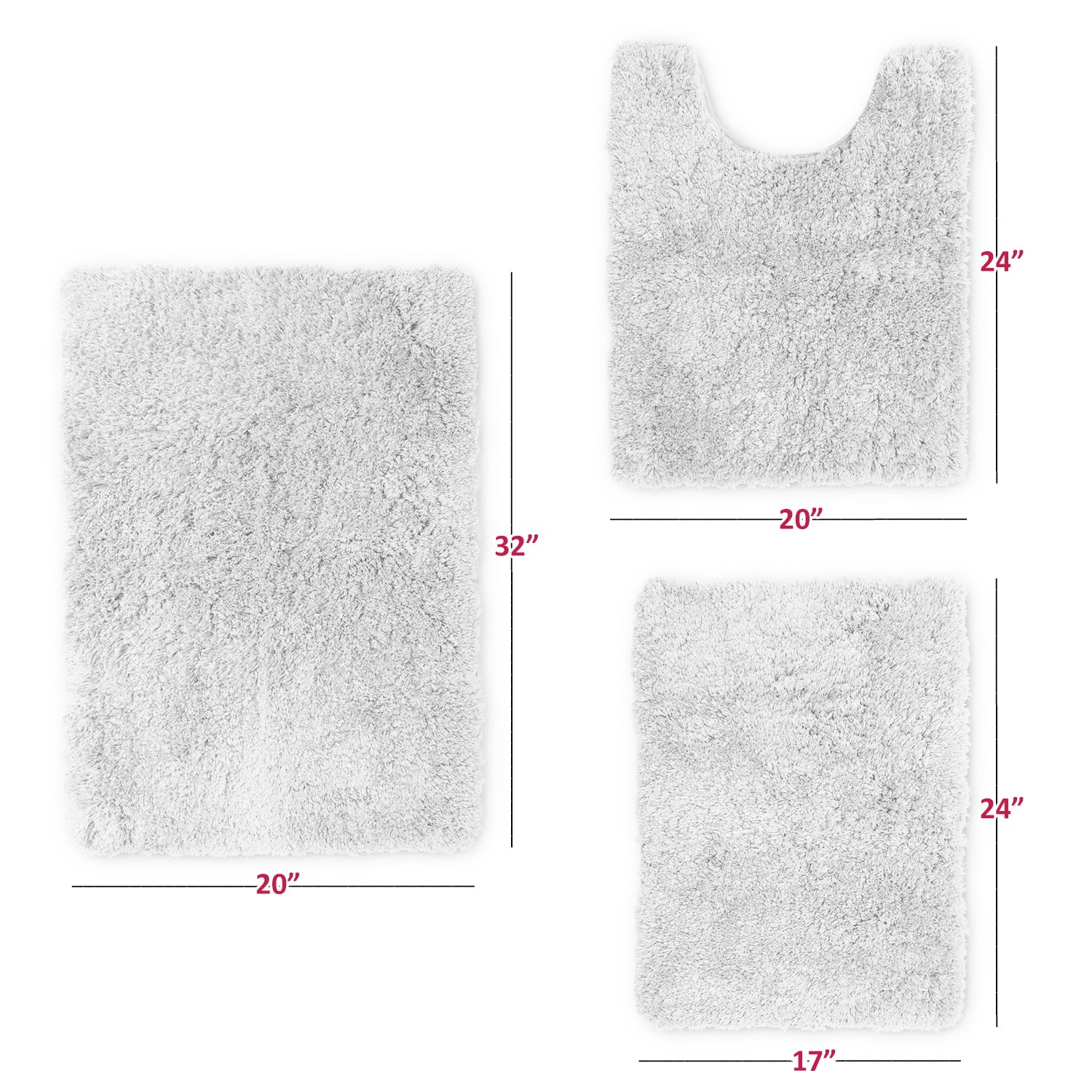 Clara Clark Set of 3 Shaggy Bath Rug with Non-Slip Backing Rubber - Machine Washable Super Soft Bathmat - Plush Absorbent Bathroom Rug， Small Large and Contour， White