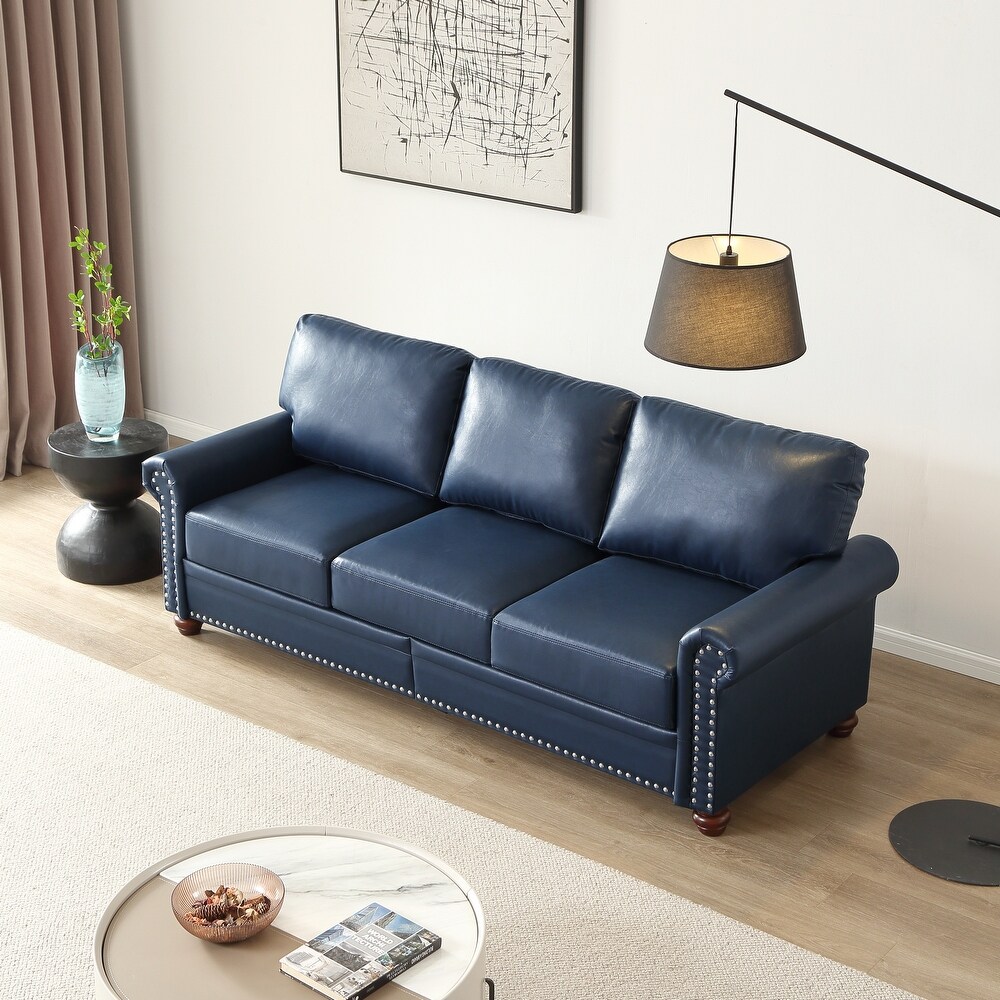 3 Seater Faux Leather Deep Seat Sofa with Storage Box  Navy Blue   3 Seater