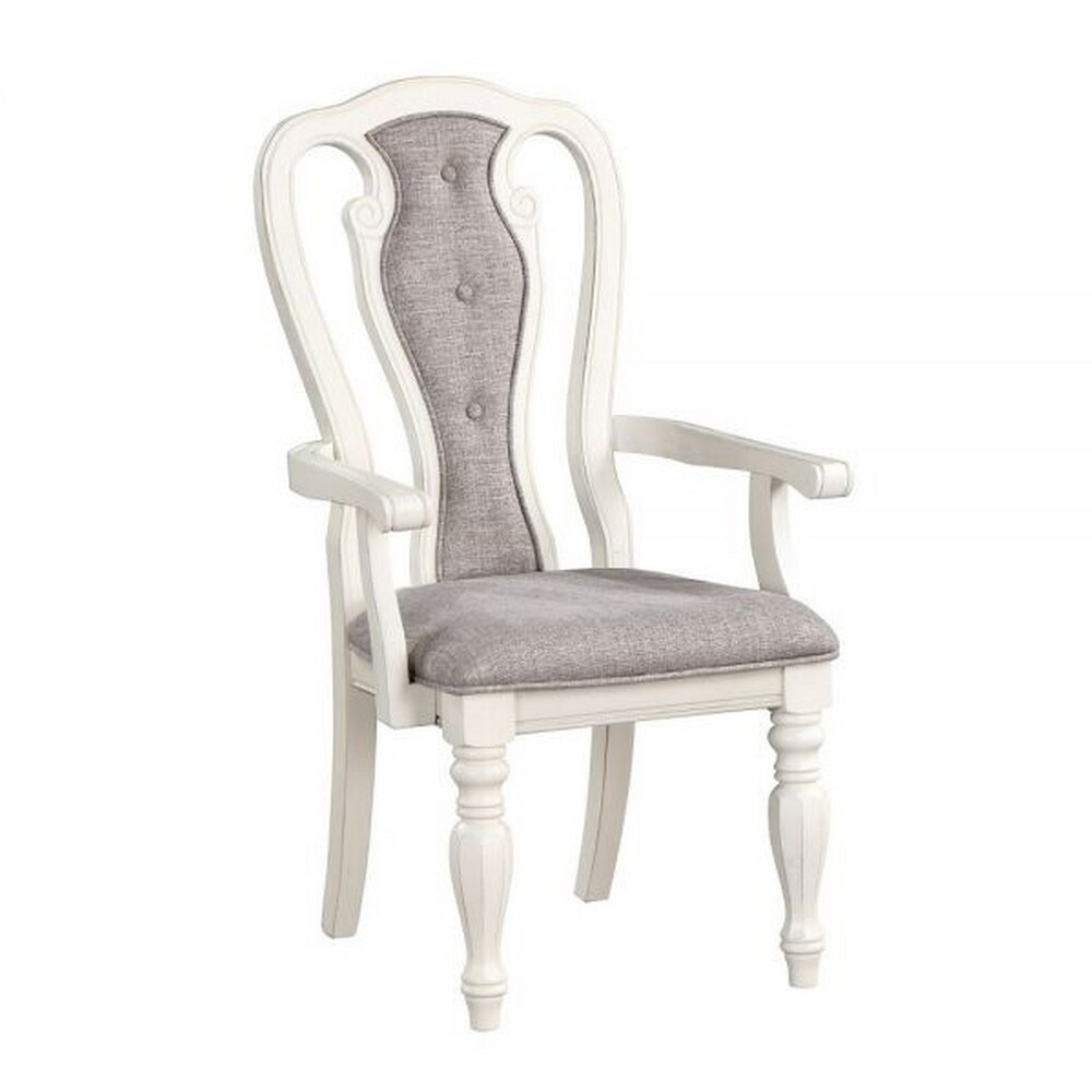 Fil 23 Inch Dining Armchair Set of 2  Gray Fabric  Tufted Queen Anne Back