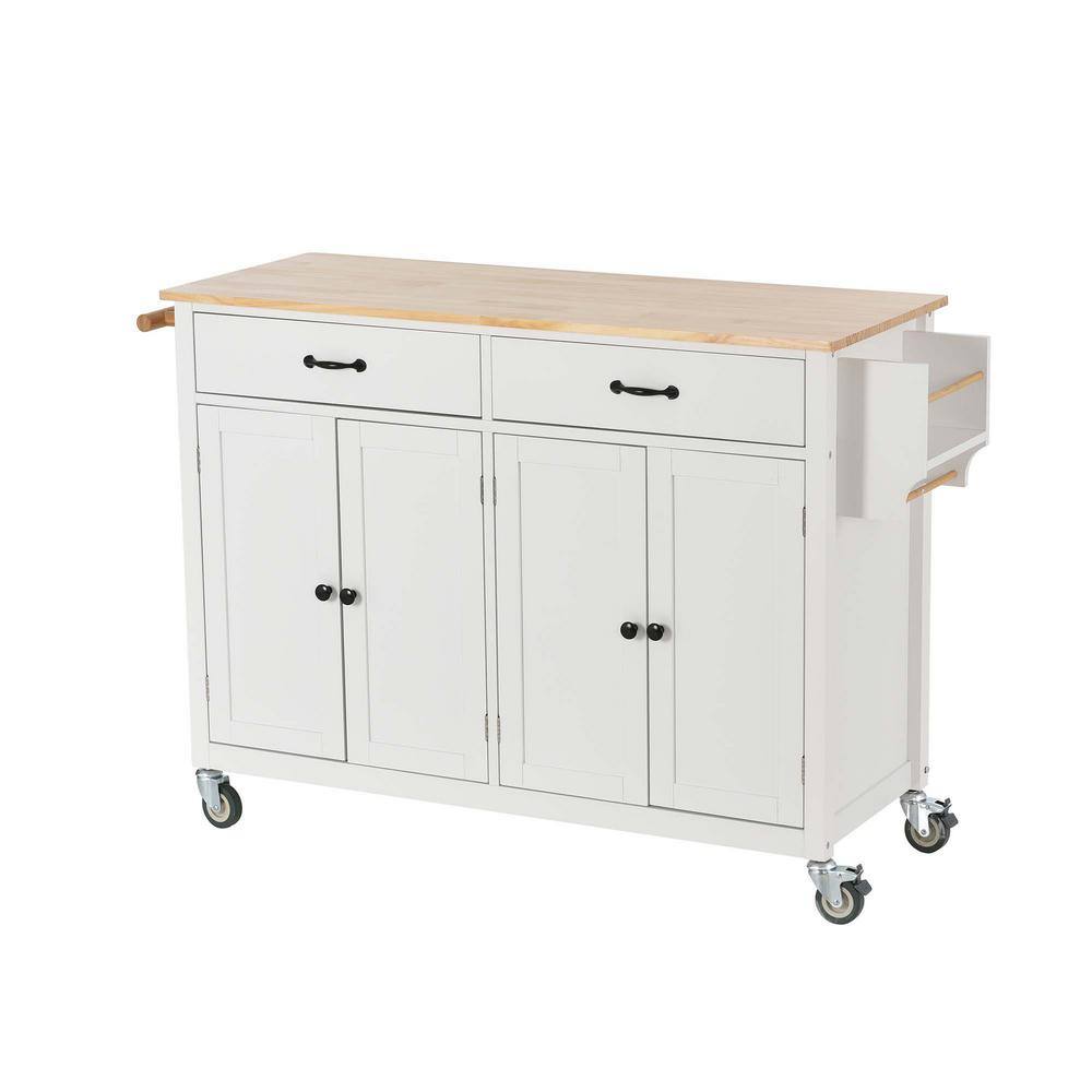 Whatseaso 54.3 in. Spice Rack Towel Rack White Kitchen Island with Solid Wood Top and Locking Wheels 4-Door Cabinet and 2-Drawers LNN-K110502013