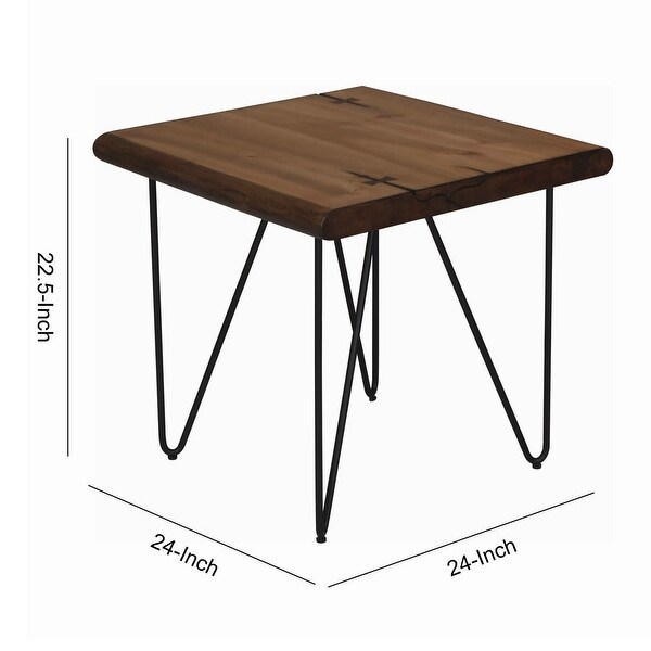 Square Wooden Top End Table with Metal Hairpin Legs， Brown - 22.5 H x 24 W x 24 L