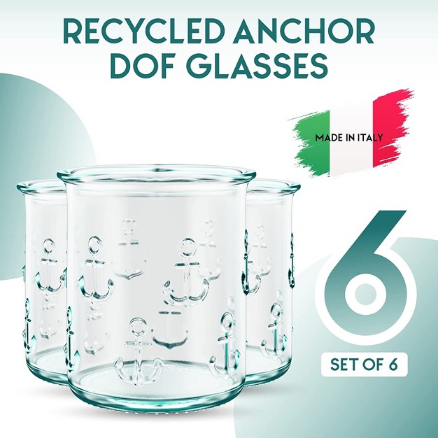 Amici Home Italian Recycled Anchor Double Old Fashioned Glasses Drinking Glassware With Green Tint Embossed Anchor Design Set Of 6 12 ounce