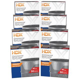 HDX 55 Gal. Clear Heavy-Duty Flap Tie Drum Liner Trash Bags (320-Count) Eight 40-Count Boxes HD55WC040C-8PK