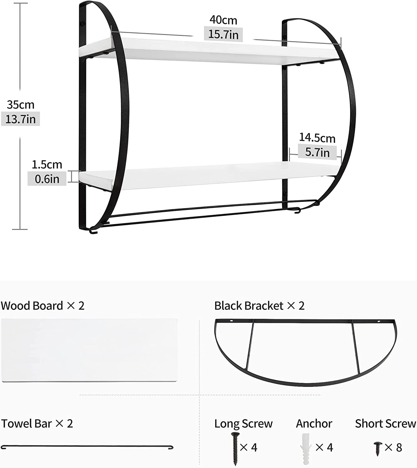 Afuly Floating Shelves with Towel Bar, 2 Tier Storage Shelf  Wall Mounted, Black and White Shelves