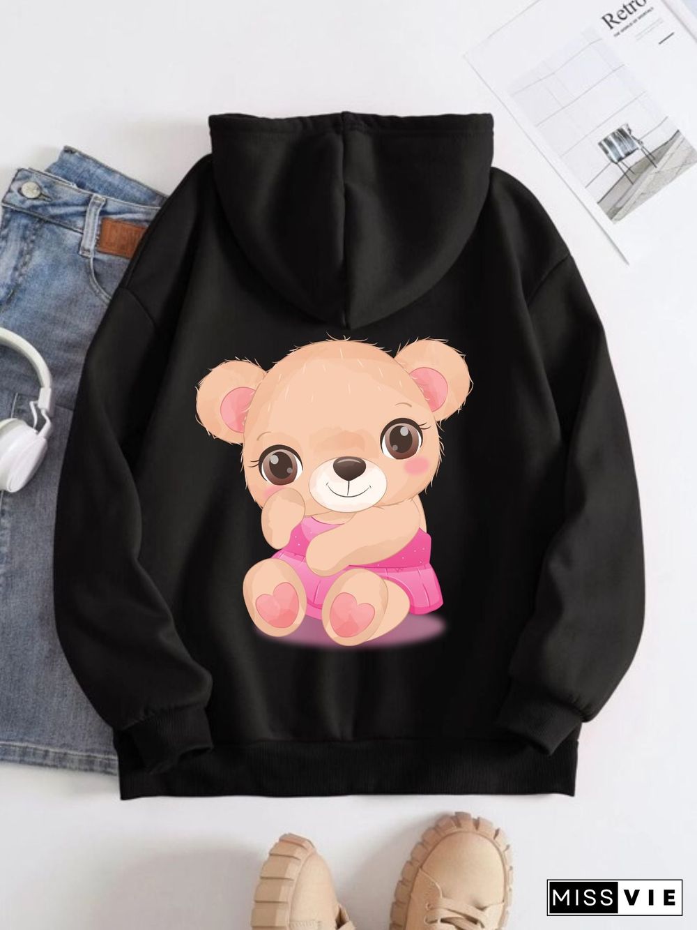 Printed on the Back Kangaroo Pocket Hoodie Long Sleeve for Women Pattern Pink Little Bear