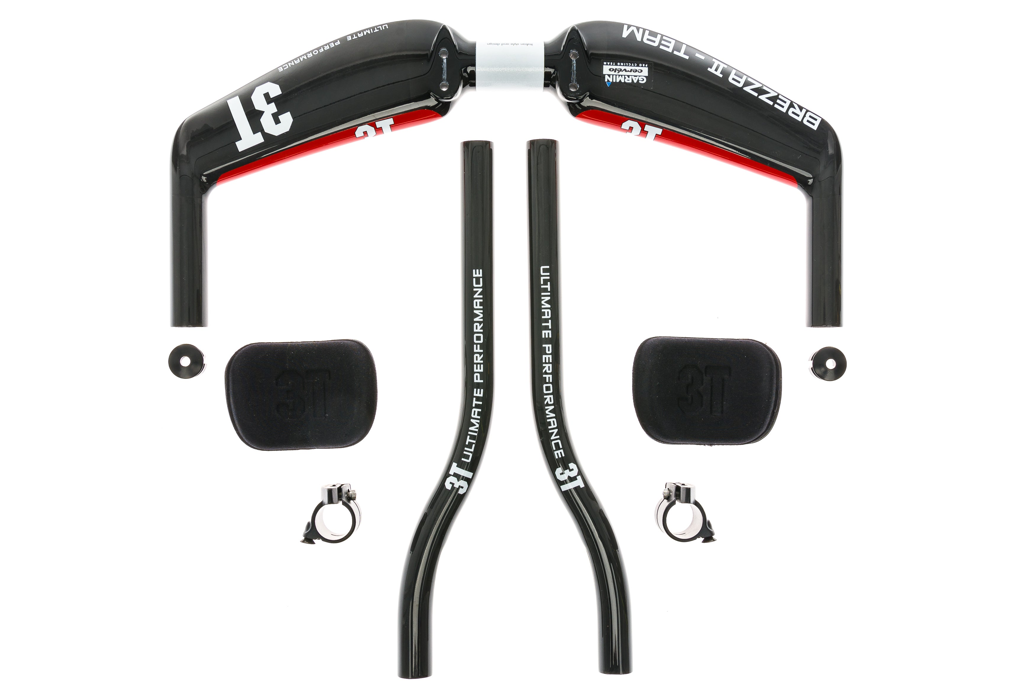 3T Brezza II Team Aerobar  31.8mm x 40cm w/ Carbon S-Bend Extensions Black/Red