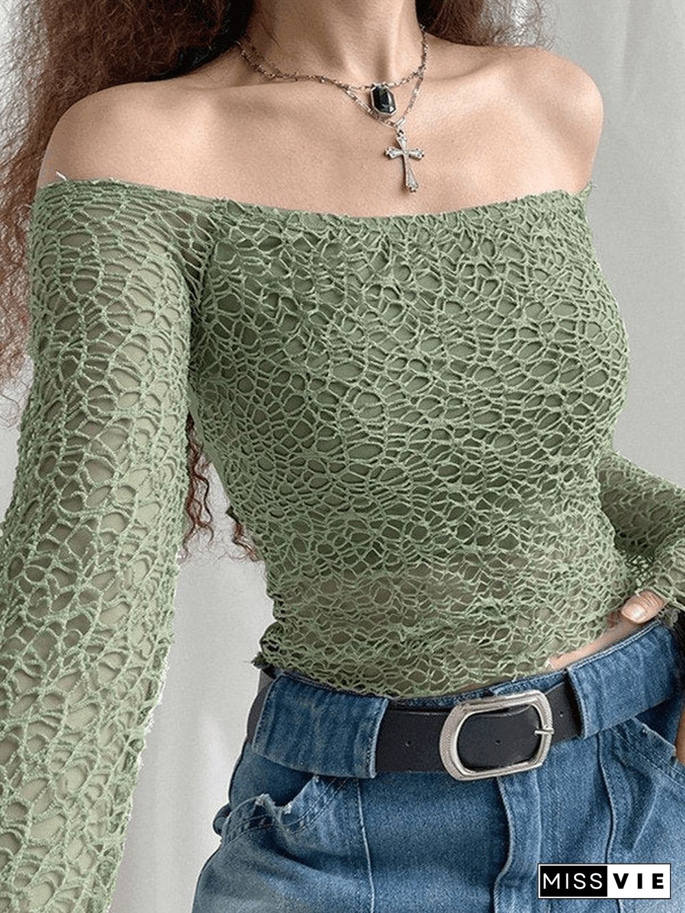 Off Shoulder Mesh Long Sleeve Blouse