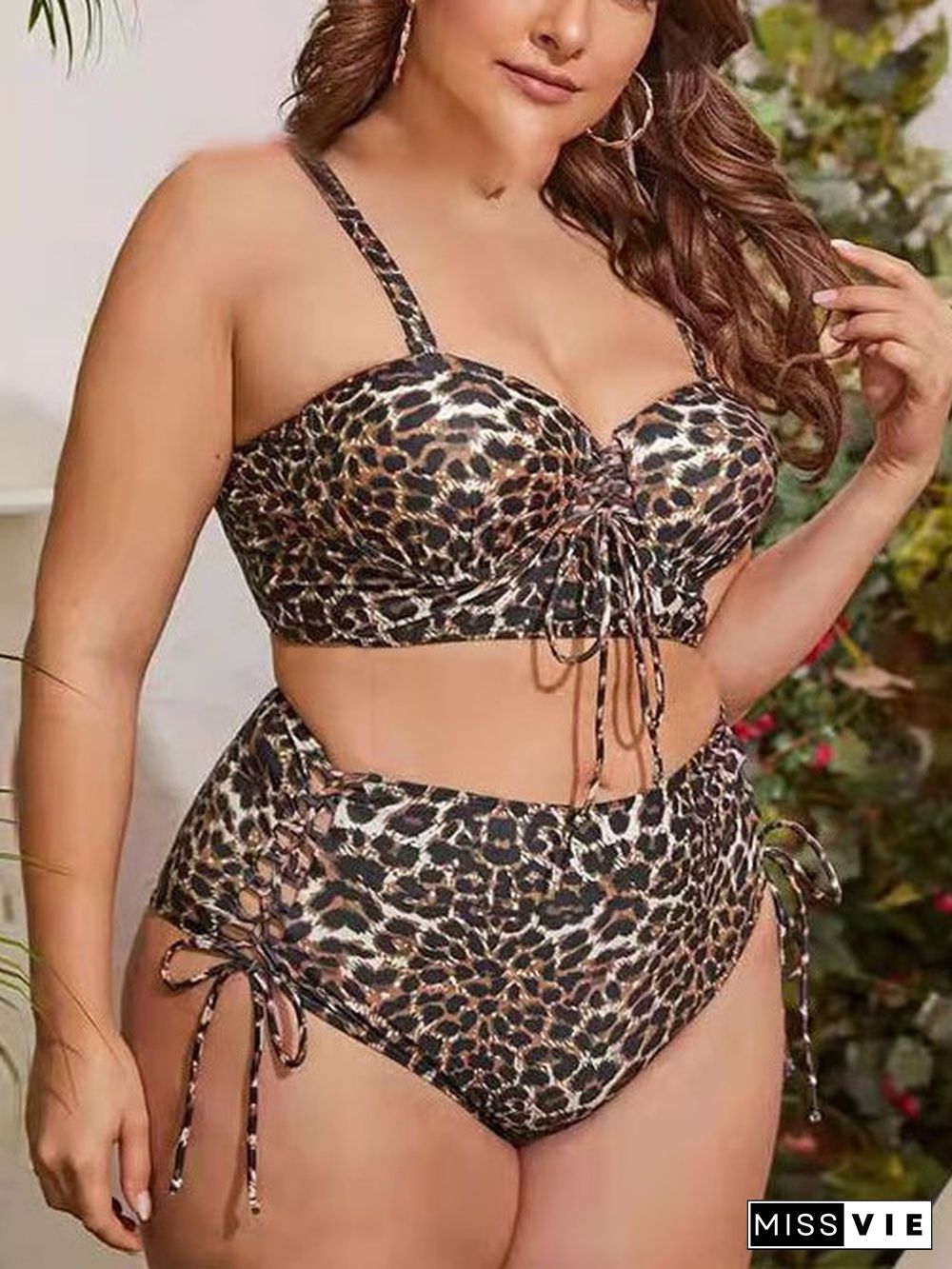 Plus Size Women's Push Up Leopard High Waist Bikini Set