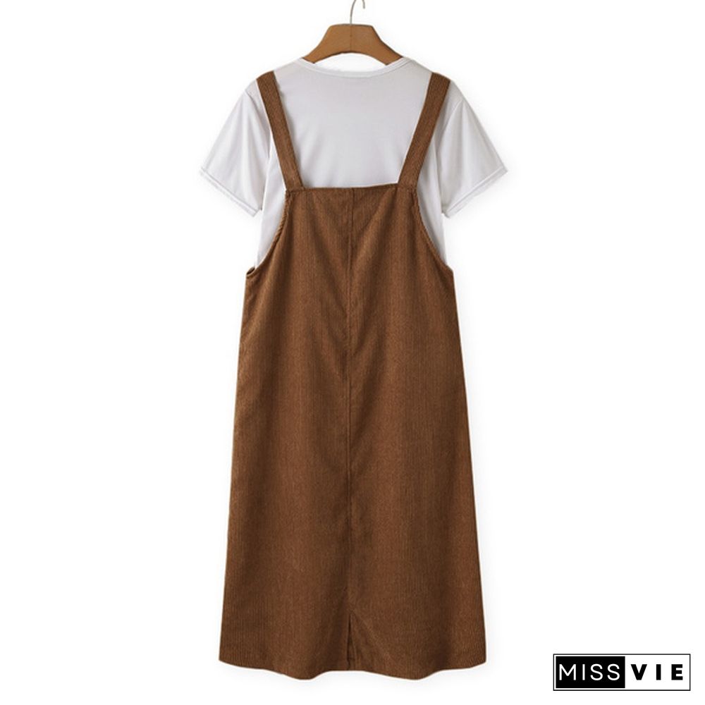 Women Winter Sleeveless Corduroy Casual Loose Warm Midi Tank Dress Sundress