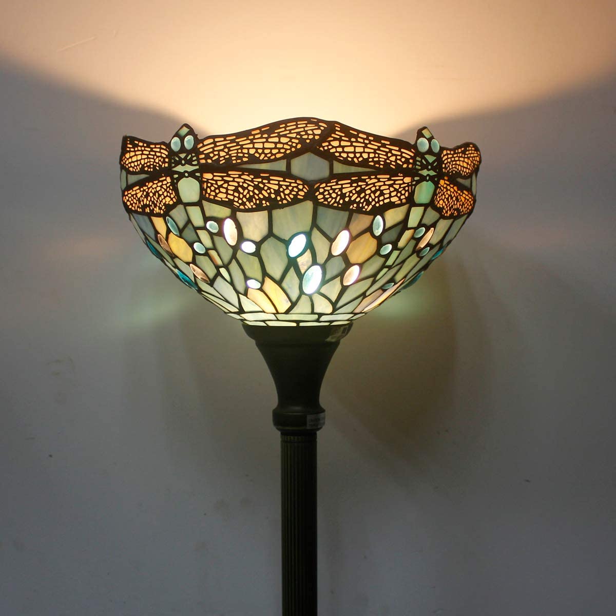 Floor Lamp Tiffany Torchiere LED Uplight 66" Tall Industrial Bronze Pole Vintage Boho Stained Glass Dragonfly Retro Standing Corner Bright Torch Light Living Room Kids Bedroom Farmhouse WERFACTORY