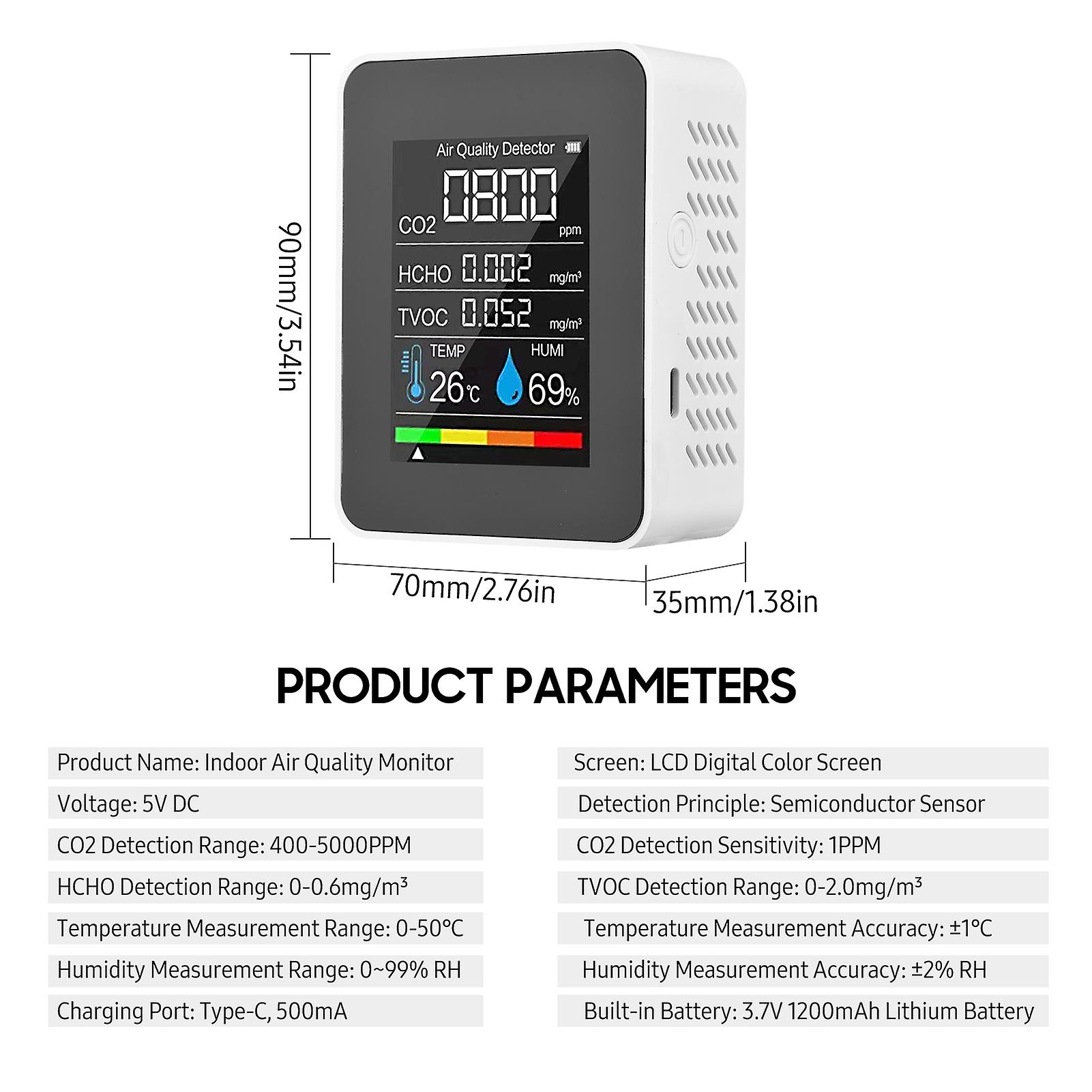 Portable Air Quality Monitor Indoor Co2 Detector 5 In 1 Formaldehyde Hcho Tvoc Tester Lcd Temperature Humidity Tester Rechargeable Co2 Alarm Meter For