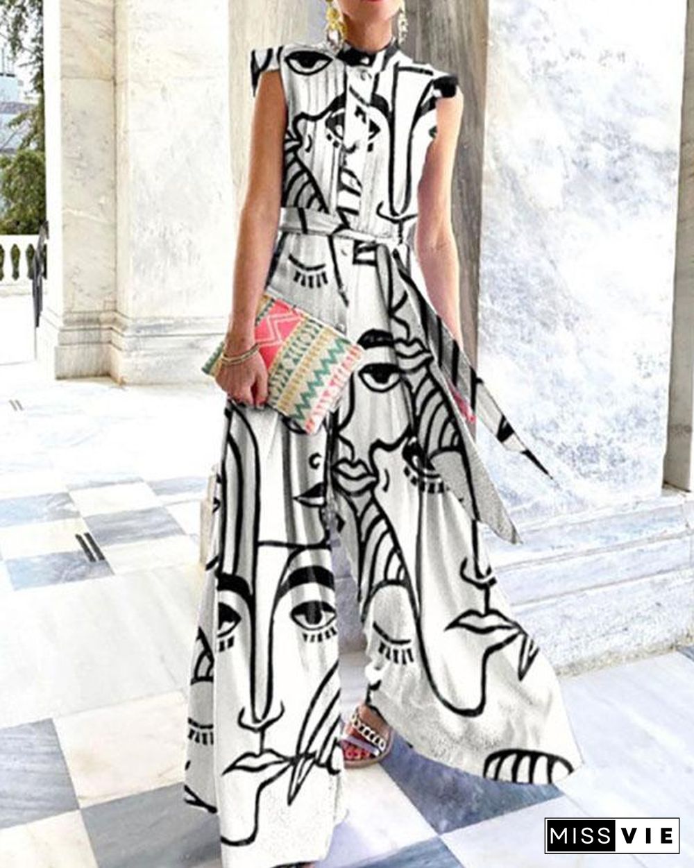 Women Elegant Print Button Tie Waist Belted Wide Leg Jumpsuit