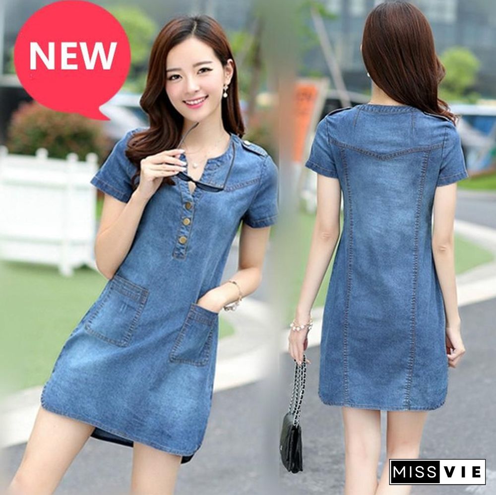 Plus Size Denim Dress Women Short Sleeve Dress Spring Vintage Vestidos Robe Casual Slim V-neck Office Shirt Jeans Dress