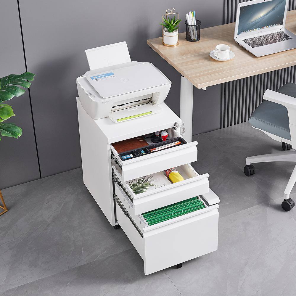 URTR White 3-Drawer Mobile File Cabinet Under Desk Metal Rolling Filing Cabinet with Lock for LegalLetterA4 File T-02023-4