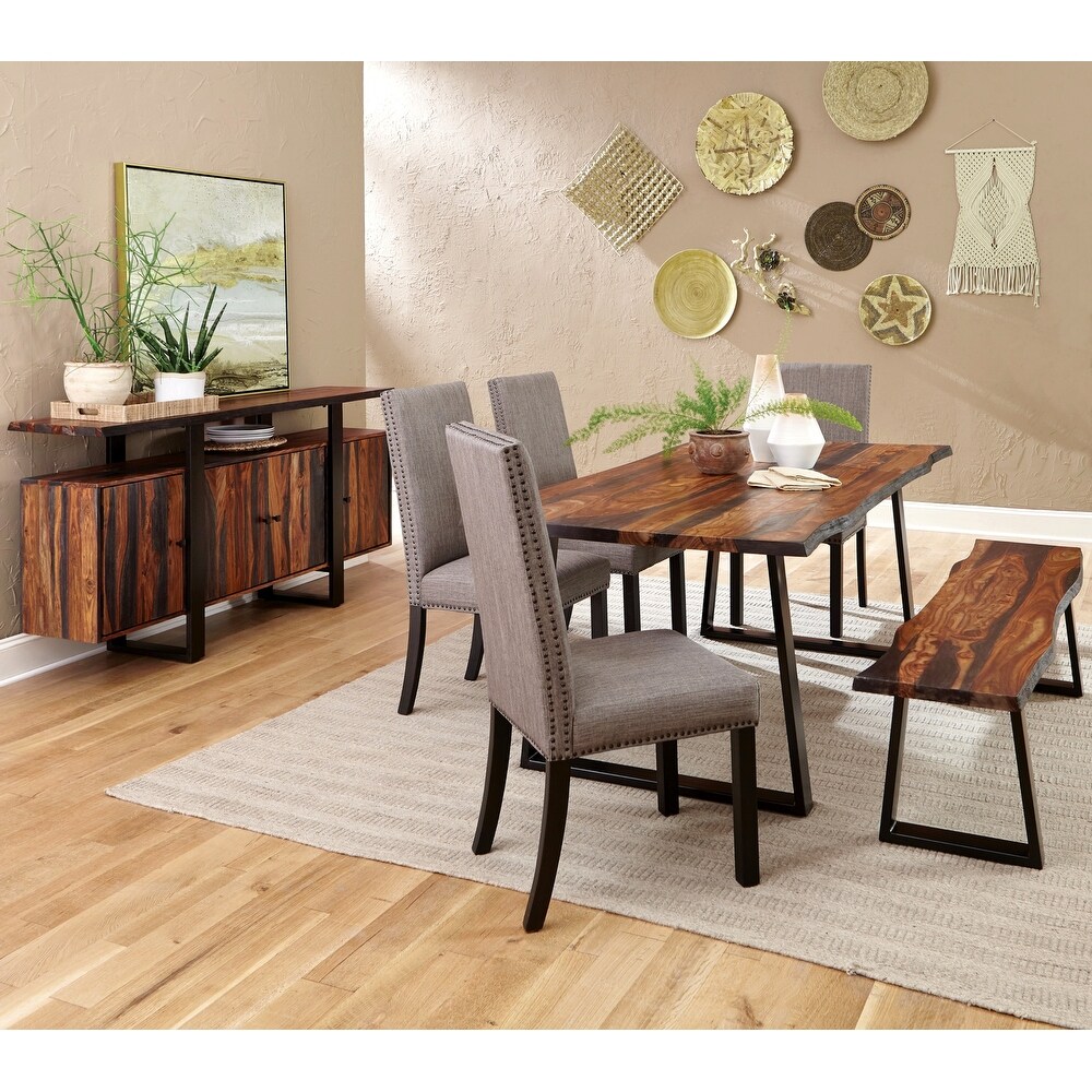 Live Edge Wood and Metal Dining Set with Grey Upholstered Chairs and Buffet Server