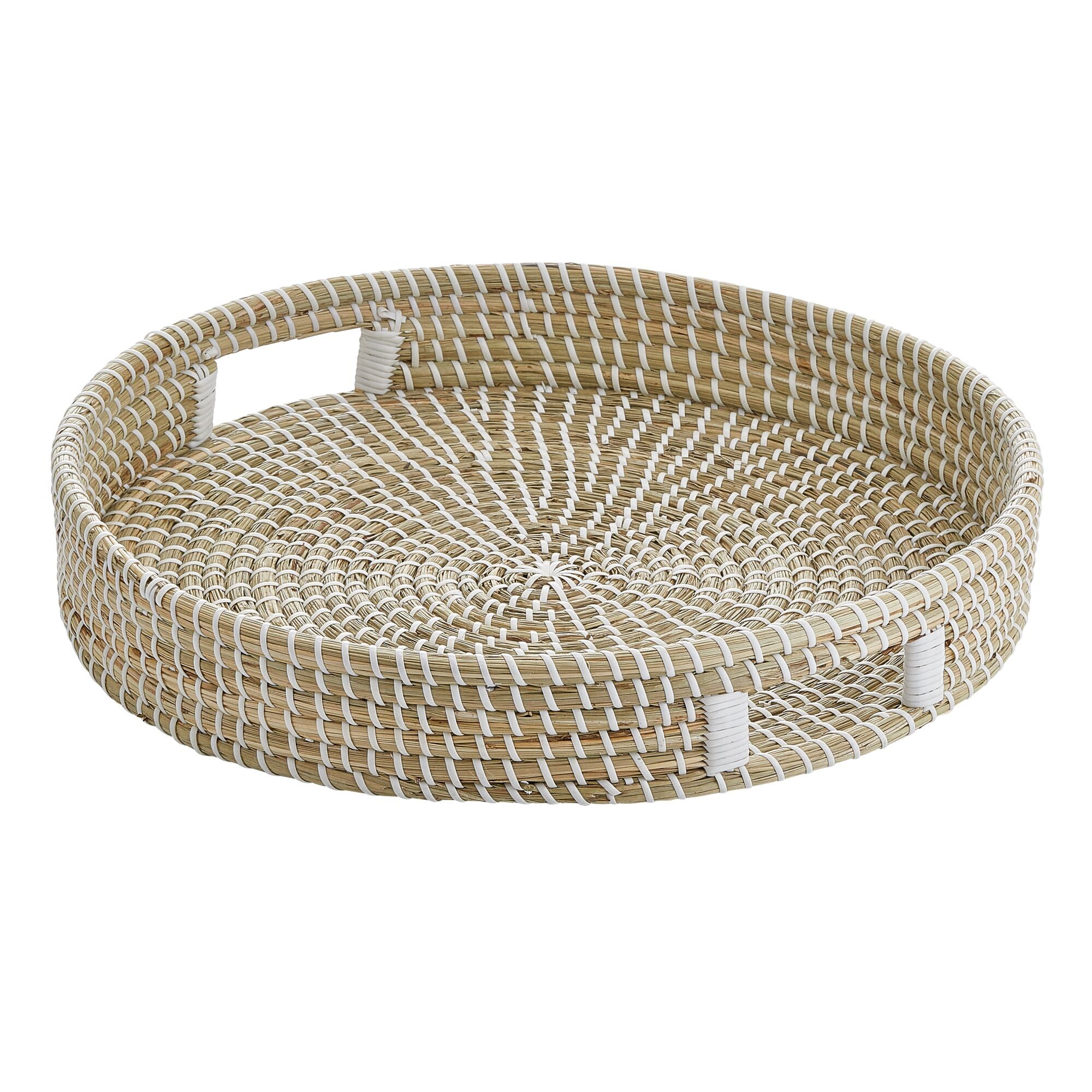 mDesign Seagrass Woven Large Decorative 18 Round Basket Serving Tray w/ Built-In Handles for Kitchen, Coffee Table, Wall Decor, Ottoman; For Storage, Centerpiece Display - Natural/White