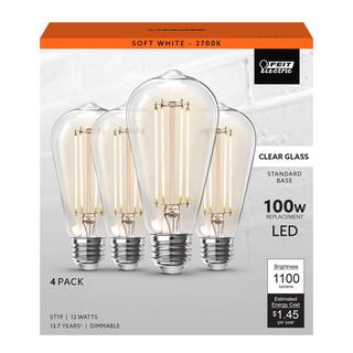 Feit Electric 100-Watt Equivalent ST19 Dimmable Straight Filament Clear Glass Vintage Edison LED Light Bulb Soft White (4-Pack) ST19100CL927CA4