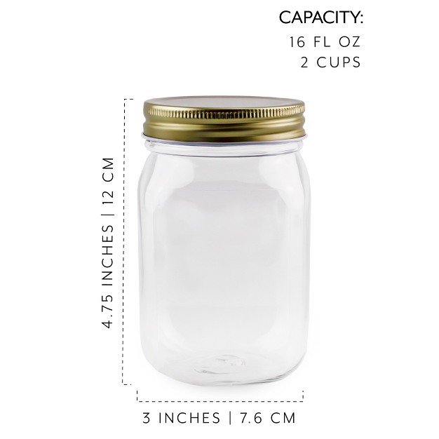 Cornucopia Brands 16oz Plastic Mason Jars 8pk Clear gold Mason Jar Style W Metal Lids Pint Size Compatible W Regular Mason Jar Lids