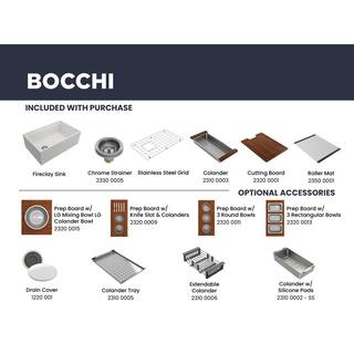 BOCCHI Step-Rim White Fireclay 30 in. Single Bowl Farmhouse Apron Front Workstation Kitchen Sink w Accessories 1344-001-0120