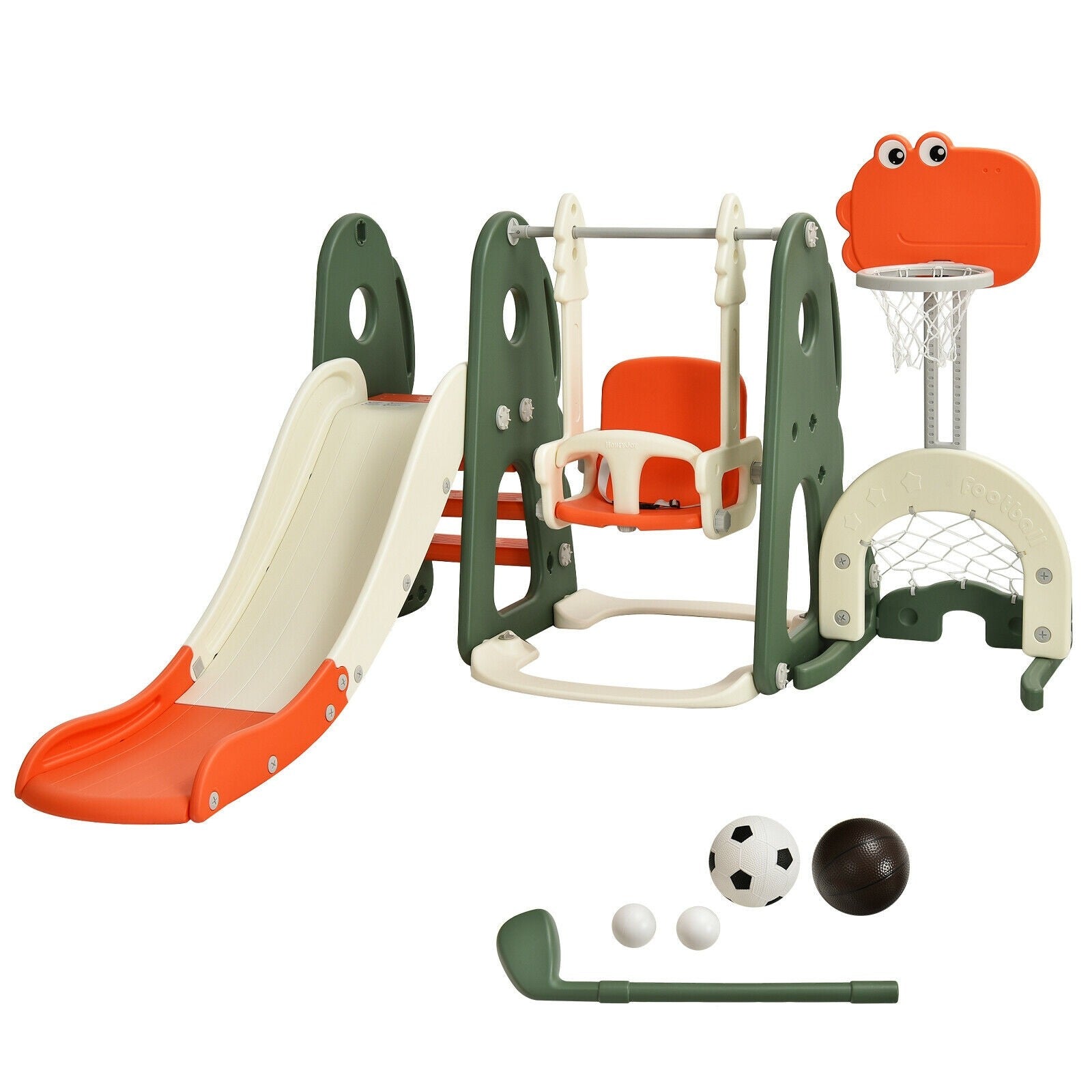 Costzon 6 in 1 Toddler Slide and Swing Set, Kids Climber Slide Playset with Basketball Hoop