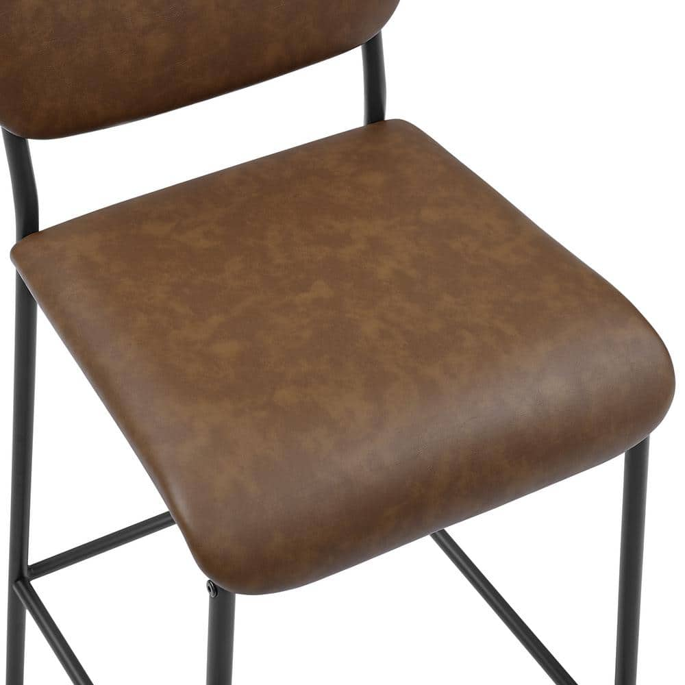 34.50 in. Brown Low Back Metal Bar Stools Dining Chair Counter Stools with Footrest and Faux Leather Seat (Set of 2) HY02010Y