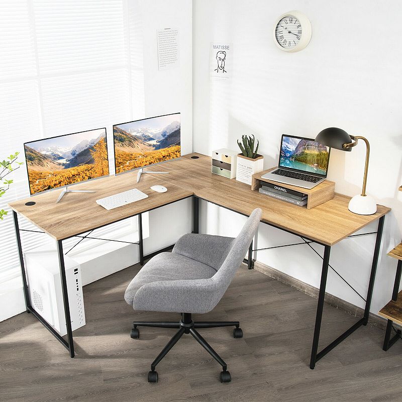 2-Person L-Shaped Long Reversible Computer Desk with Monitor Stand