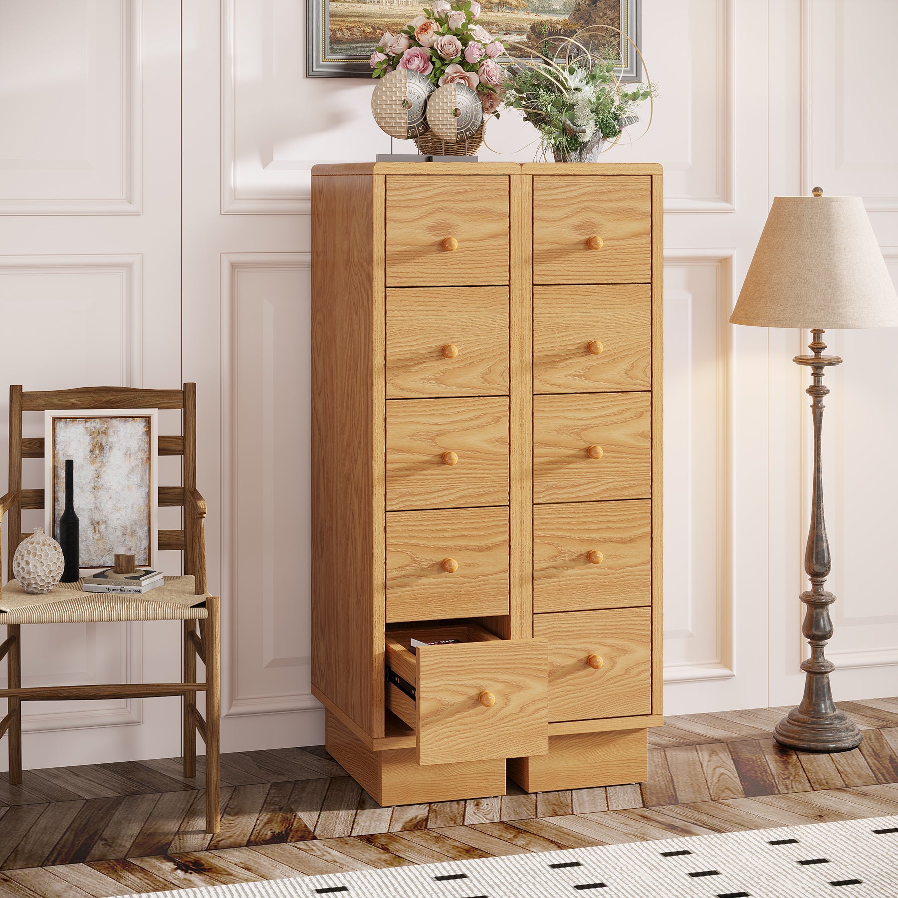 5-Drawer Chest, Wood Narrow Dresser Storage Chest of Drawers