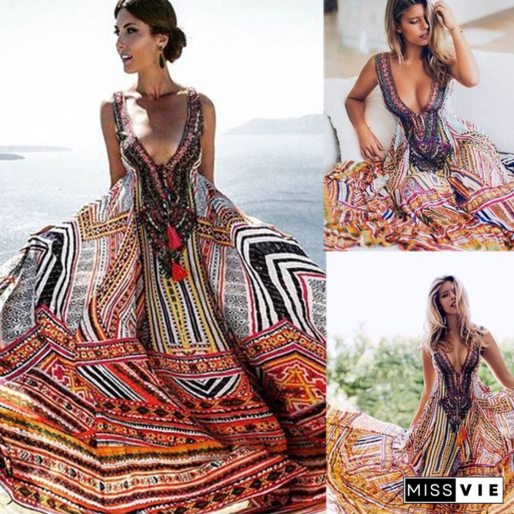 New Vintage Women's Boho Floral V Neck Long Maxi Dress Summer Beach Party Sundress