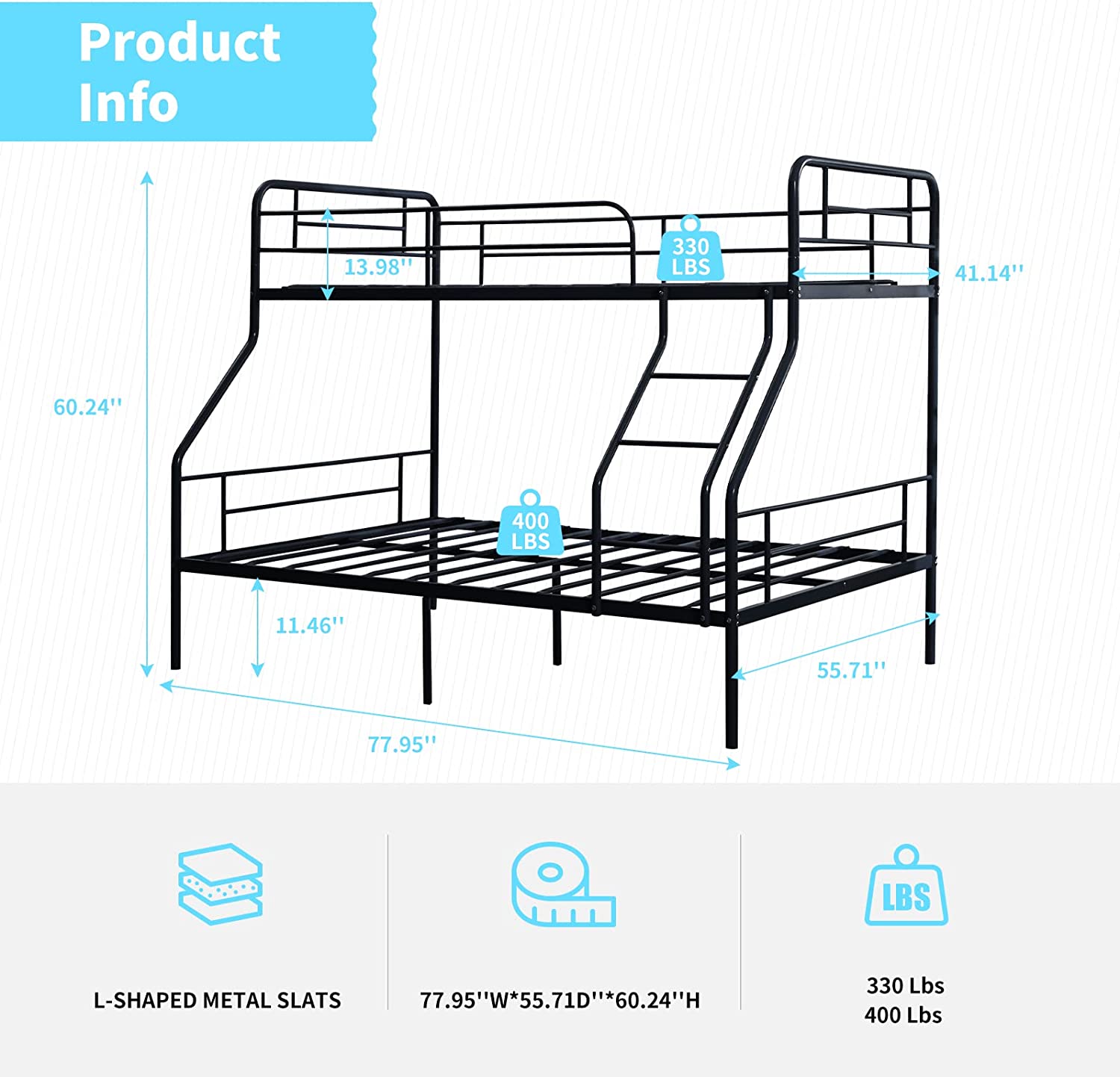 cuoote Heavy Duty Bunk Bed, Metal Twin Bunk Beds for Kids w/Ladder and Guardrail, Space-Saving Design, No Box Spring Needed, Black