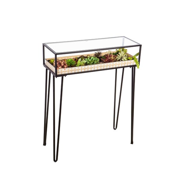 Metal Table with Glass Top and Gold Metal Planter Dish