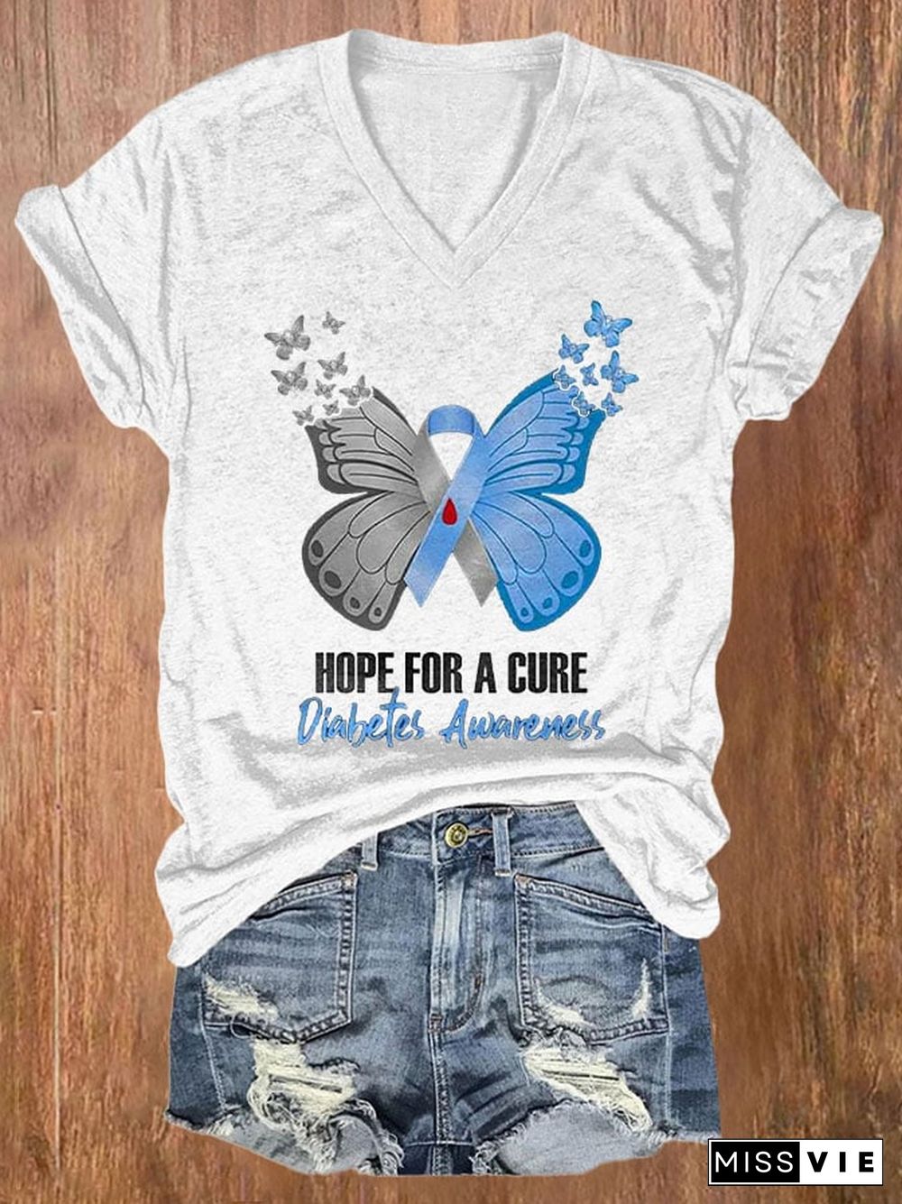 Women's Casual Hope For A Cure Diabetes Awareness Printed Short Sleeve T-Shirt