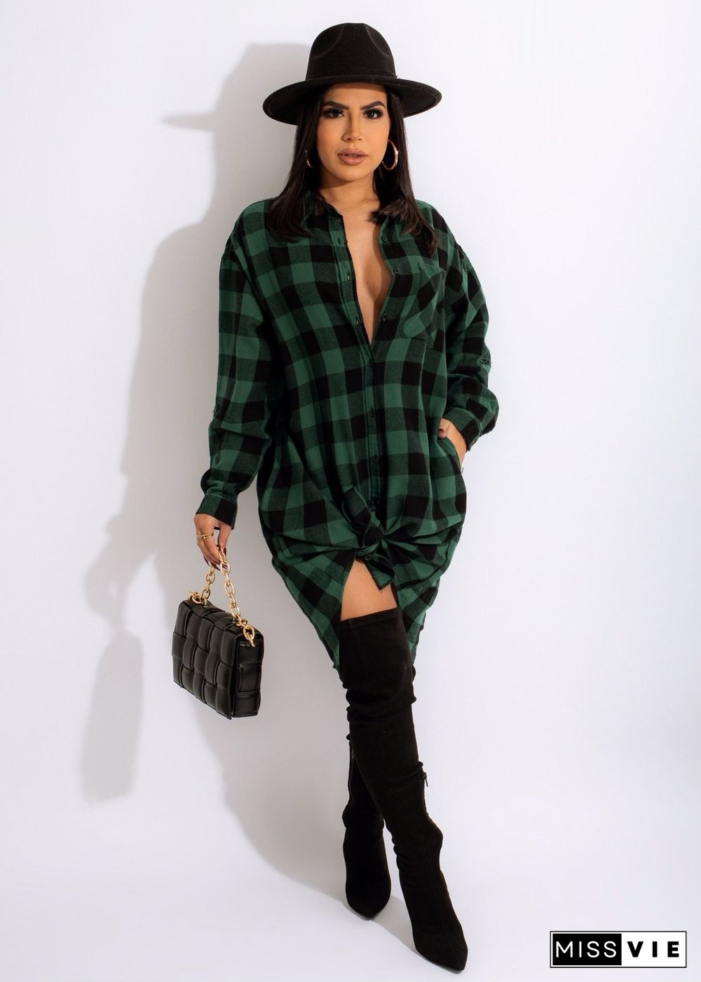 Long Sleeves Single-breasted Plaid Shirt Dress