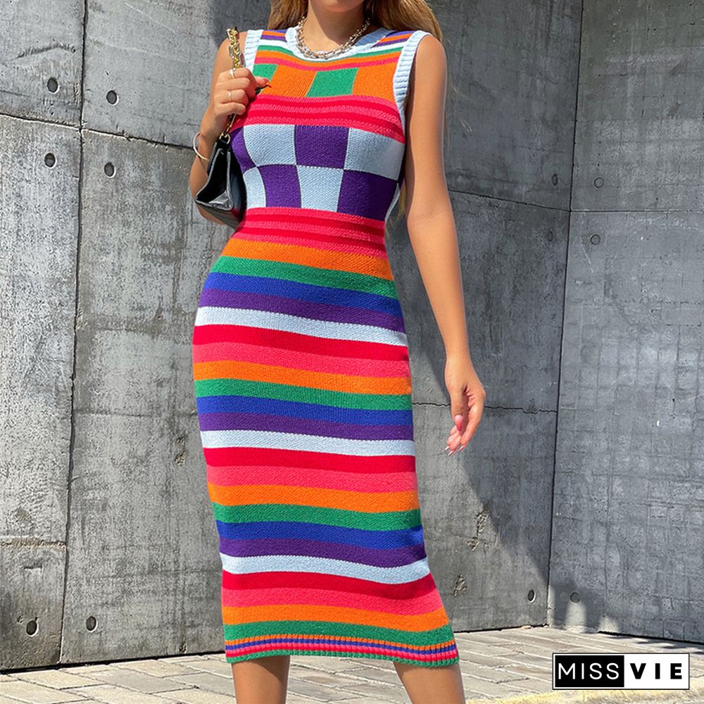 Color Matching Sleeveless Bodycon Knitted Dresses