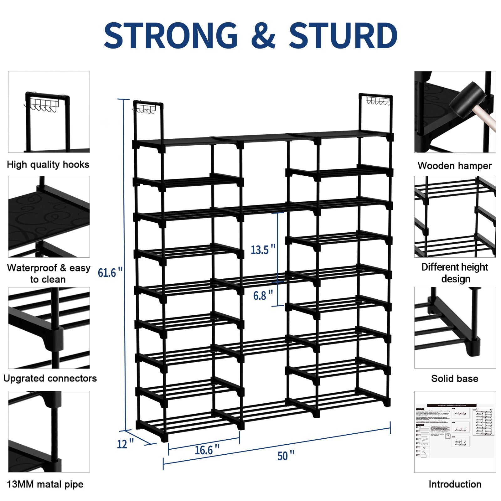 BIGLUFU Shoe Rack， Metal Shoe Organizer with 3 Rows 9 Tiers Shoe Shelf Organizer for Entryway Holds 50-55 Pairs Shoe and Boots Large Shoe Shelf for Closet Bedroom Hallway（Black ）