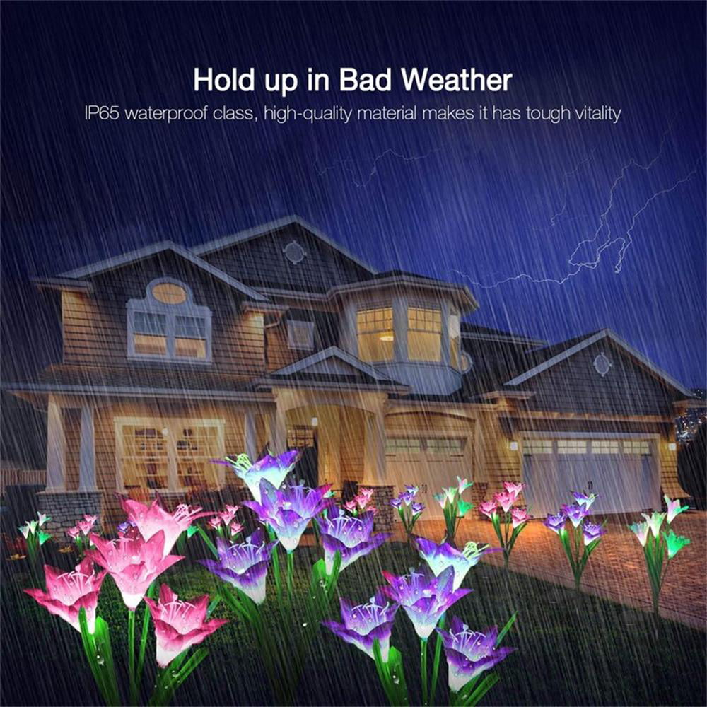 VICOUP 4 Pack Outdoor Solar Garden Stake Lights ， Waterproof  7Color Solar Powered Lights with 16 Lily Flowers