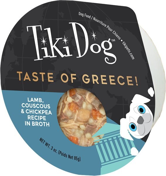 Tiki Dog Taste of Greece Lamb， Couscous and Chickpea Recipe in Broth Wet Dog Food， 3-oz cup， case of 4