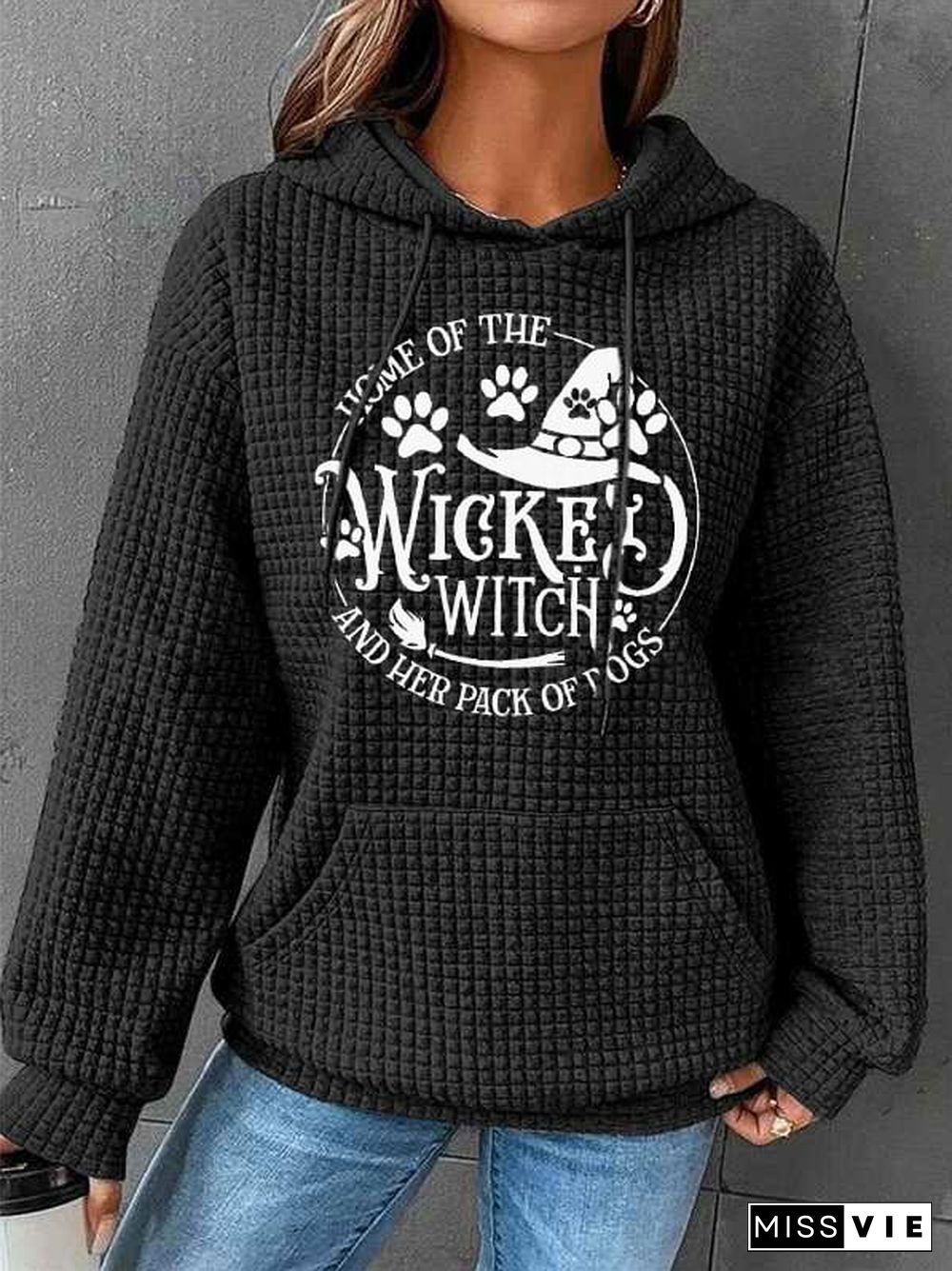 Women's Halloween Home Of The Wicked Witch And Her Pack Of Dogs Print Waffle Hoodie