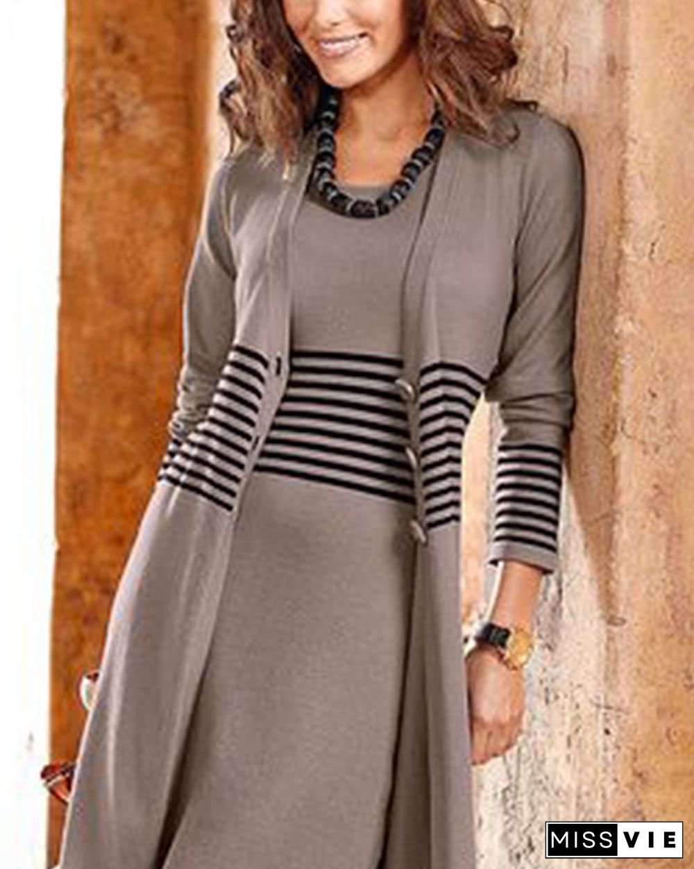 Striped knitted cardigan dress two-piece set