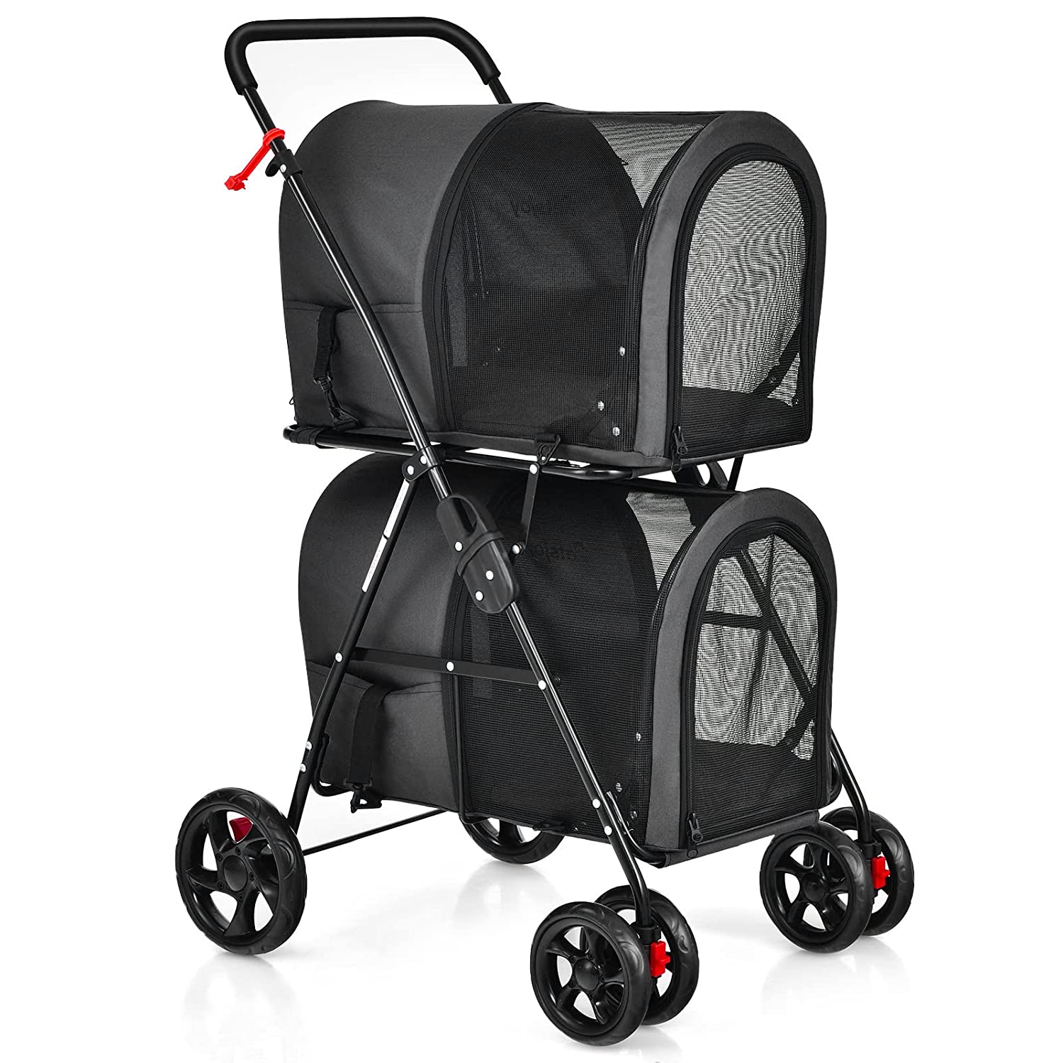 Double Pet Stroller with 2 Detachable Carrier Bags， Safety Belt， 4 Lockable Wheels Cat Stroller Travel Carrier Strolling Cart， Folding Dog Stroller for Small Medium Dogs Cats Puppy (Black)