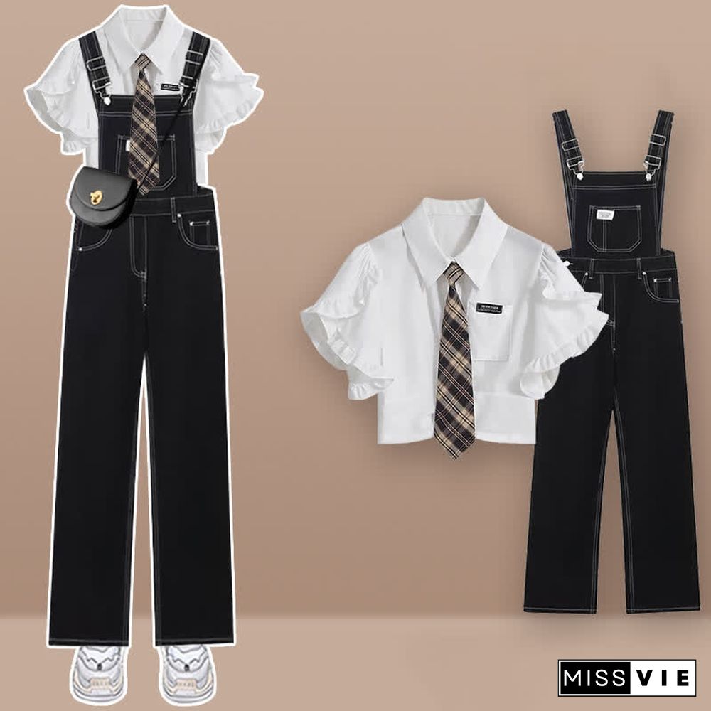 Pocket Lapel Tie T-Shirt Denim Overalls Two Pieces Set