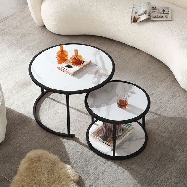 Marble Pattern MDF Top with Metal Frame Nesting Coffee Table Set Of 2， Elegant and Beautiful， Nesting Tables