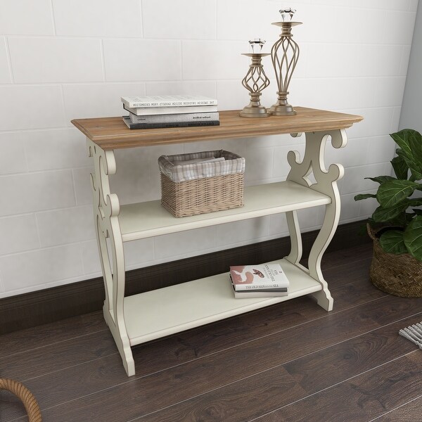 White or Black Wood Scroll Side Frames 2 Shelves Console Table with Brown Wood Top 38