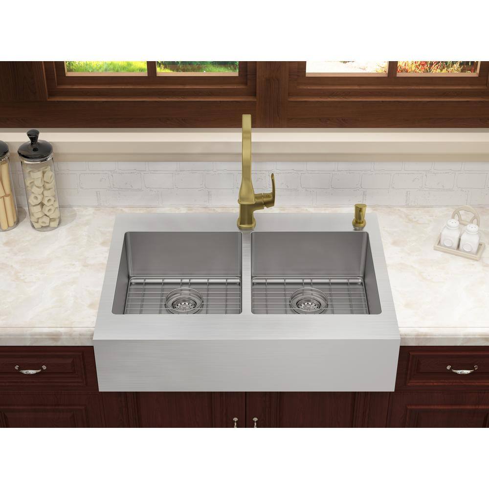 Glacier Bay Retrofit Drop-In Stainless Steel 33 in. 2-Hole 5050 Double Bowl Flat Farmhouse Apron Front Kitchen Sink 302-7356